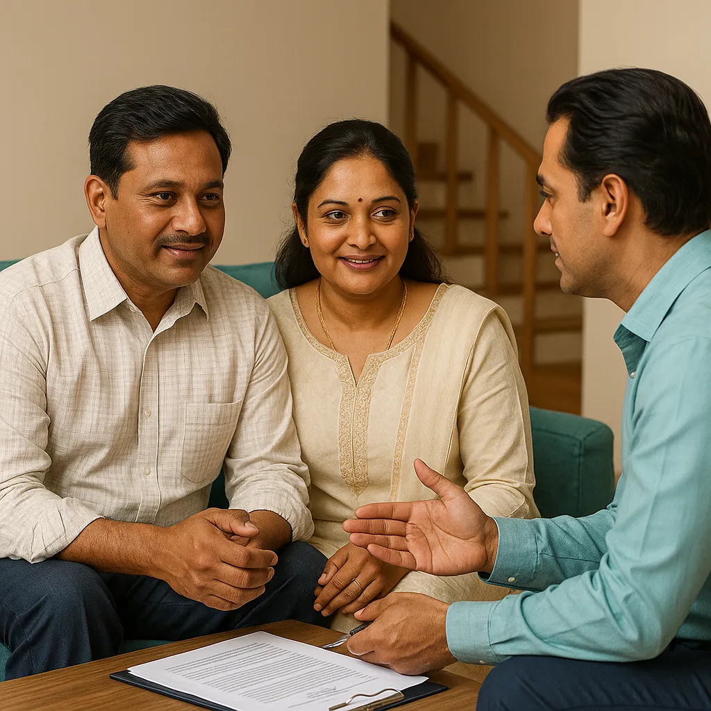 couple on a teal couch and the agent explaining their insurance options, with documents on the coffee table