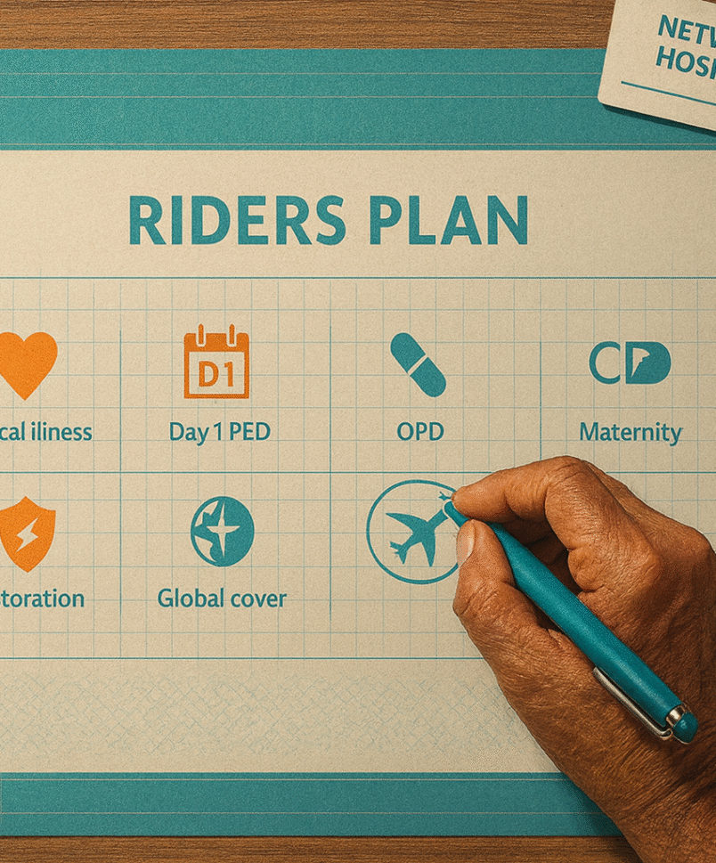 Sharmaji guiding a family through health insurance riders in India, highlighting Day 1 PED, critical illness, OPD, and restoration on a simple checklist.
