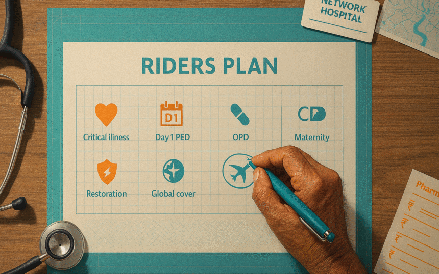 Sharmaji guiding a family through health insurance riders in India, highlighting Day 1 PED, critical illness, OPD, and restoration on a simple checklist.