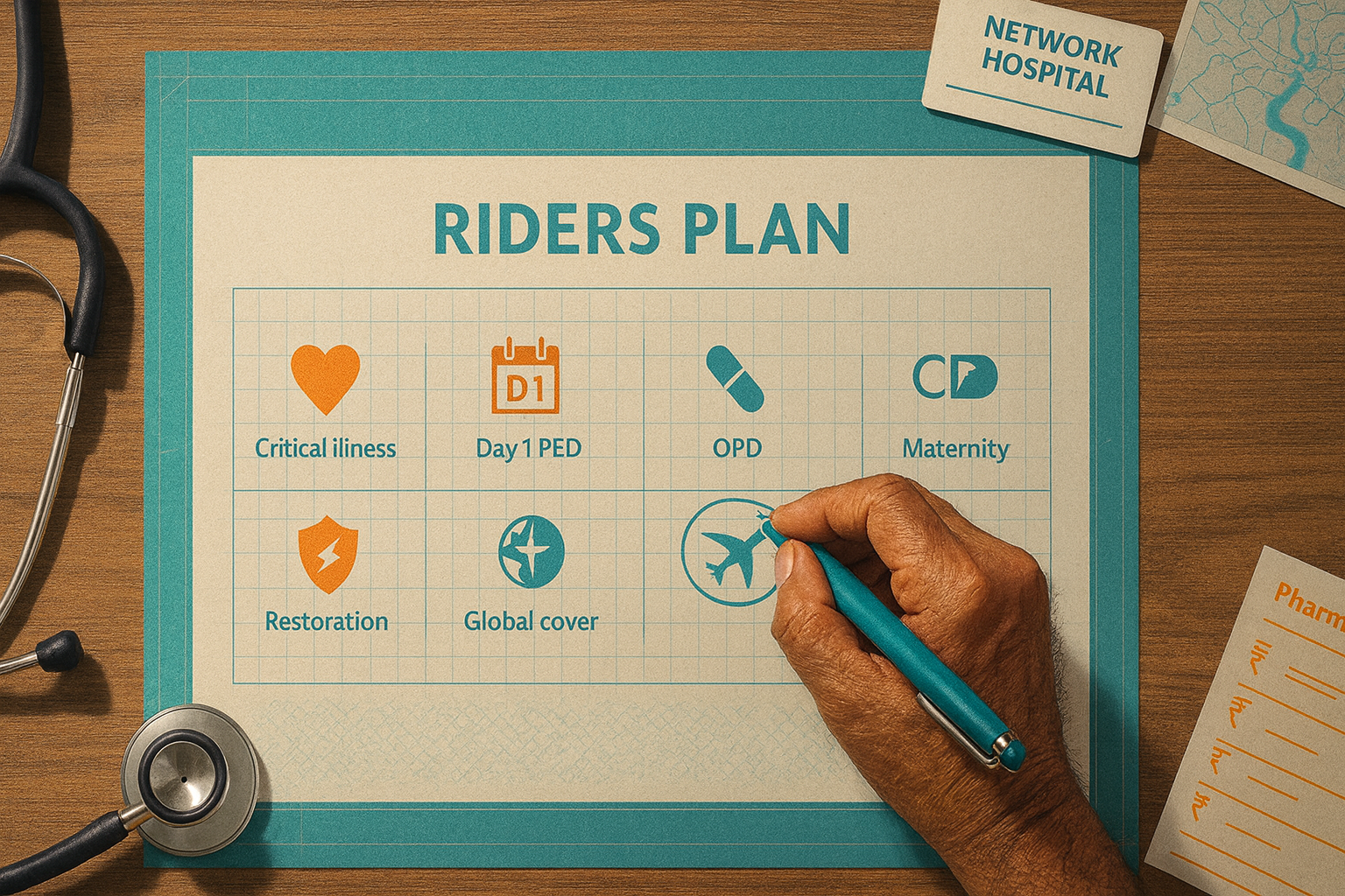 Sharmaji guiding a family through health insurance riders in India, highlighting Day 1 PED, critical illness, OPD, and restoration on a simple checklist.
