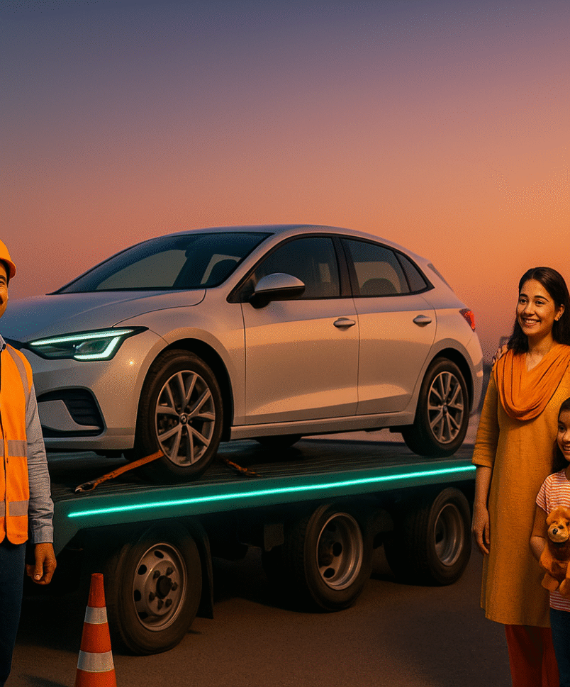 Tow truck helping a family car at night in India, roadside assistance car insurance RSA cover 24x7