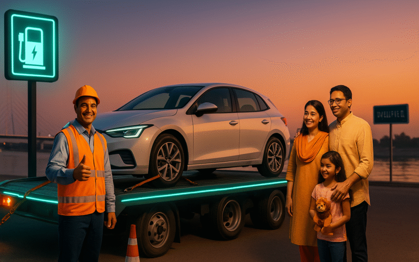 Tow truck helping a family car at night in India, roadside assistance car insurance RSA cover 24x7