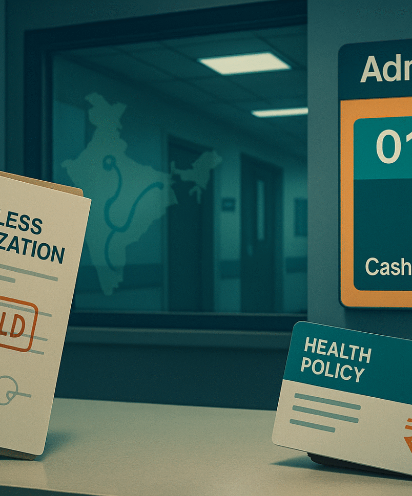 Hospital admission desk notice showing cashless paused from Sept 1, with health policy card and India map in background