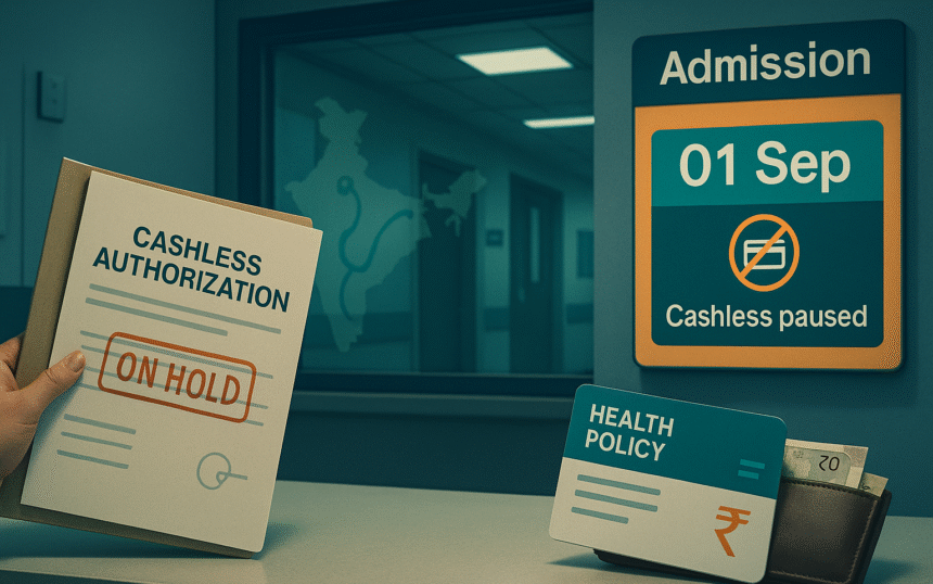 Hospital admission desk notice showing cashless paused from Sept 1, with health policy card and India map in background
