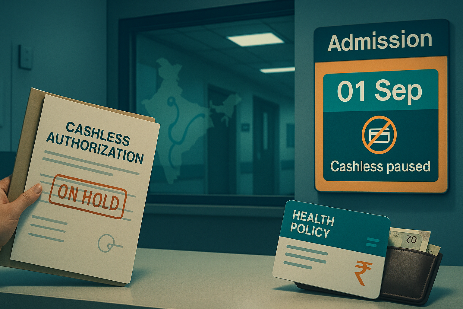 Hospital admission desk notice showing cashless paused from Sept 1, with health policy card and India map in background