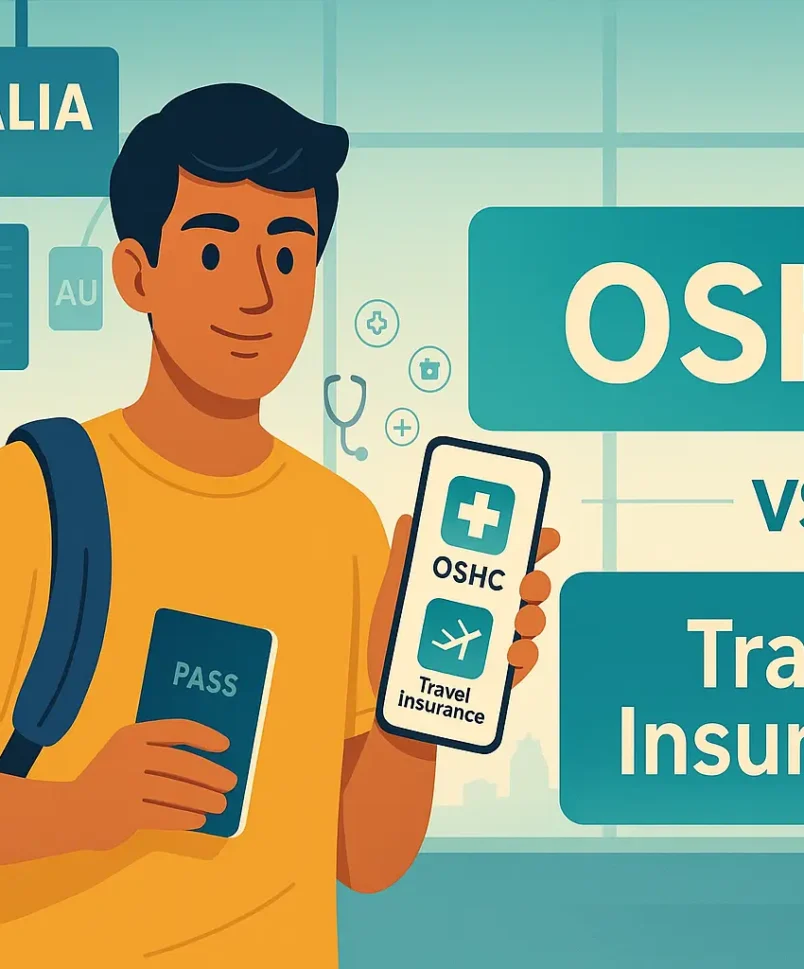 Indian student at an Australian airport comparing OSHC vs travel insurance on a phone; backpack and laptop case beside them