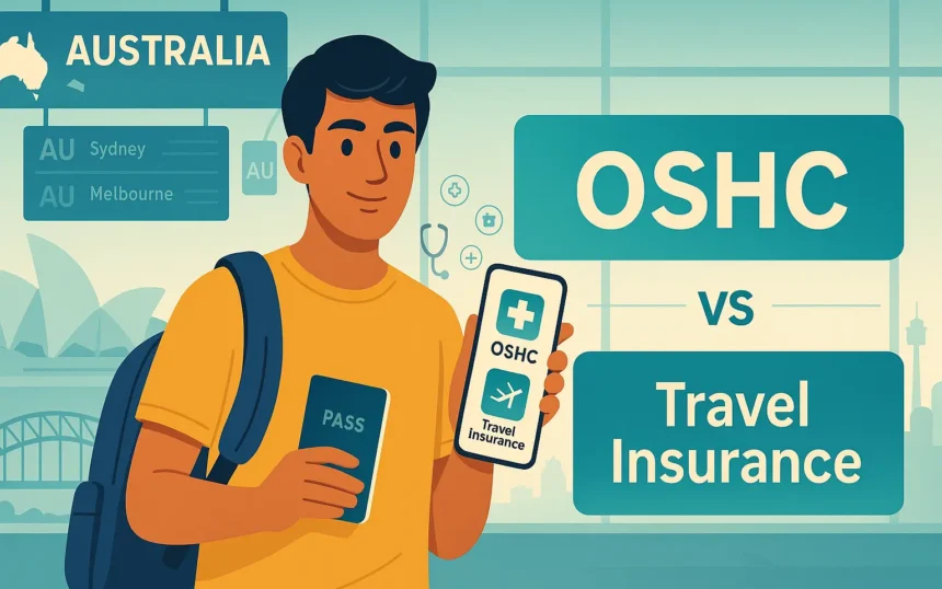 Indian student at an Australian airport comparing OSHC vs travel insurance on a phone; backpack and laptop case beside them