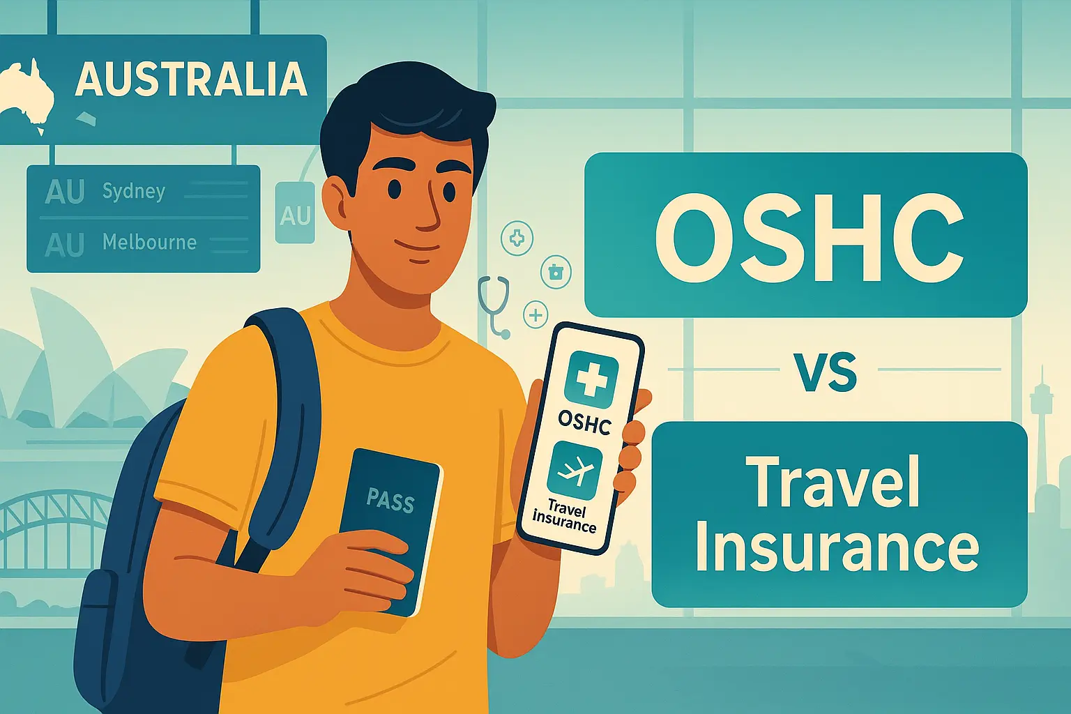 Indian student at an Australian airport comparing OSHC vs travel insurance on a phone; backpack and laptop case beside them