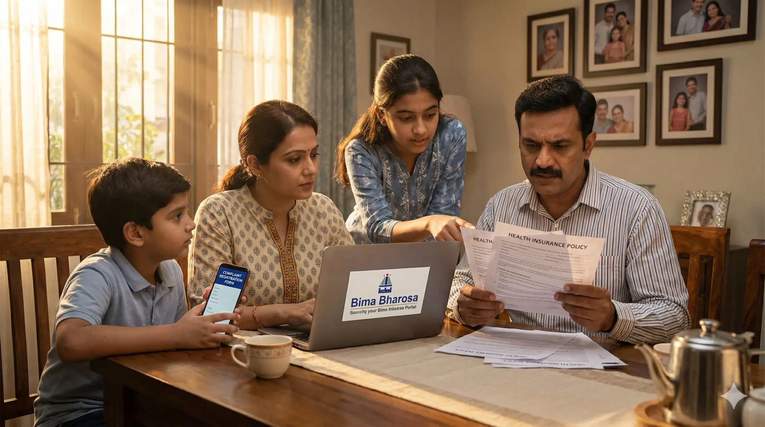 Indian family reviewing health insurance policy documents together at home, representing consumer rights and policy protection